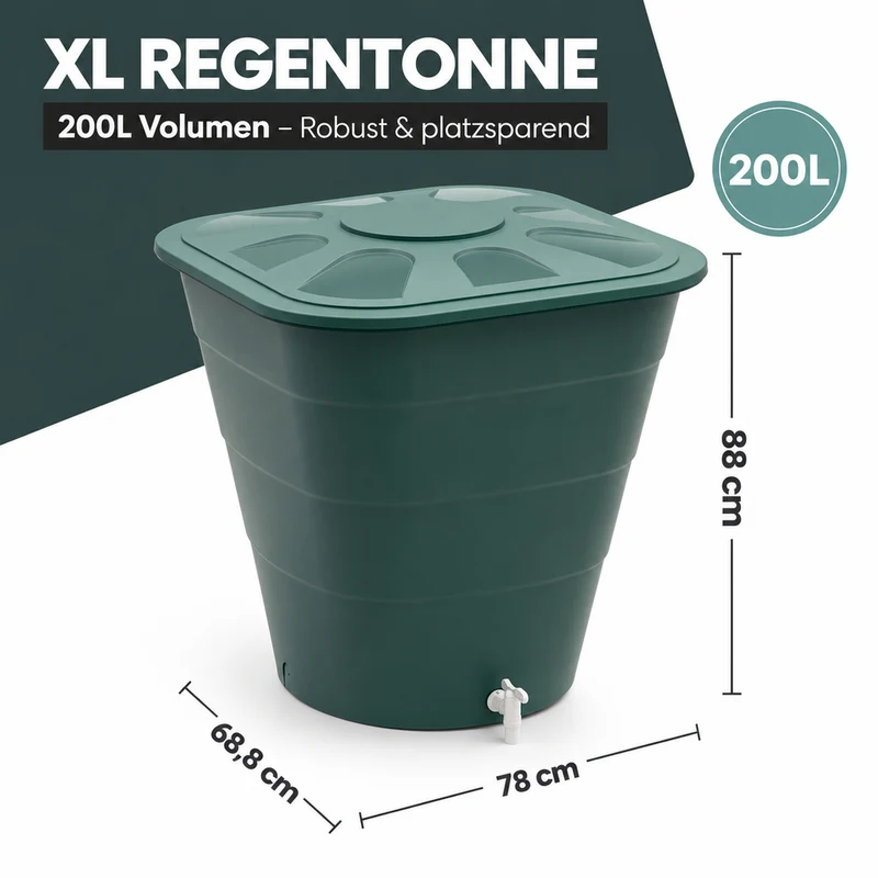 XL Wassertonne 200 Liter mit Deckel und Hahn, eckiges Format in Grün