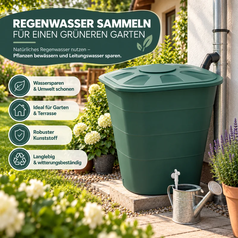 XL Wassertonne 200 Liter mit Deckel und Hahn, eckiges Format in Grün