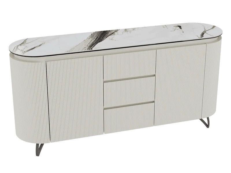 Sideboard Elfenbein-weiß Marmoroptik, Sideboard oval mit Schubladen Keramikplatte, ovale Anrichte weiß-Elfenbein Keramik, Breite 170 cm
