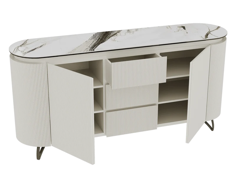 Sideboard Elfenbein-weiß Marmoroptik, Sideboard oval mit Schubladen Keramikplatte, ovale Anrichte weiß-Elfenbein Keramik, Breite 170 cm