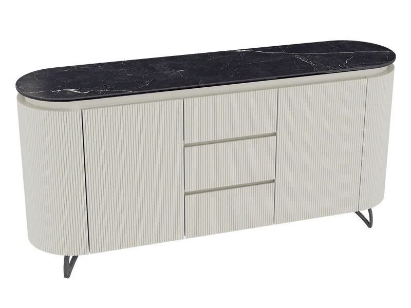 Sideboard Elfenbein-weiß Marmoroptik, Sideboard oval mit Schubladen Keramikplatte, ovale Anrichte weiß-Elfenbein Keramik, Breite 170 cm