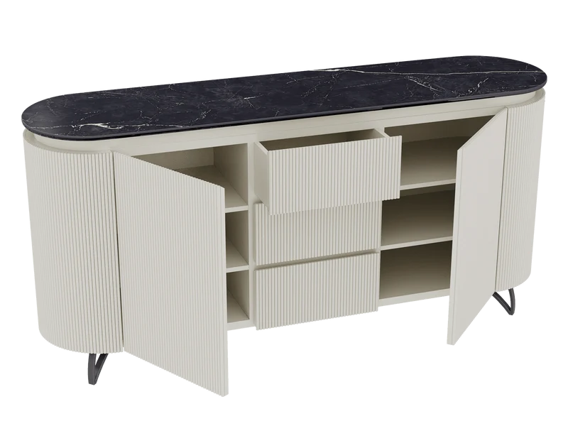 Sideboard Elfenbein-weiß Marmoroptik, Sideboard oval mit Schubladen Keramikplatte, ovale Anrichte weiß-Elfenbein Keramik, Breite 170 cm