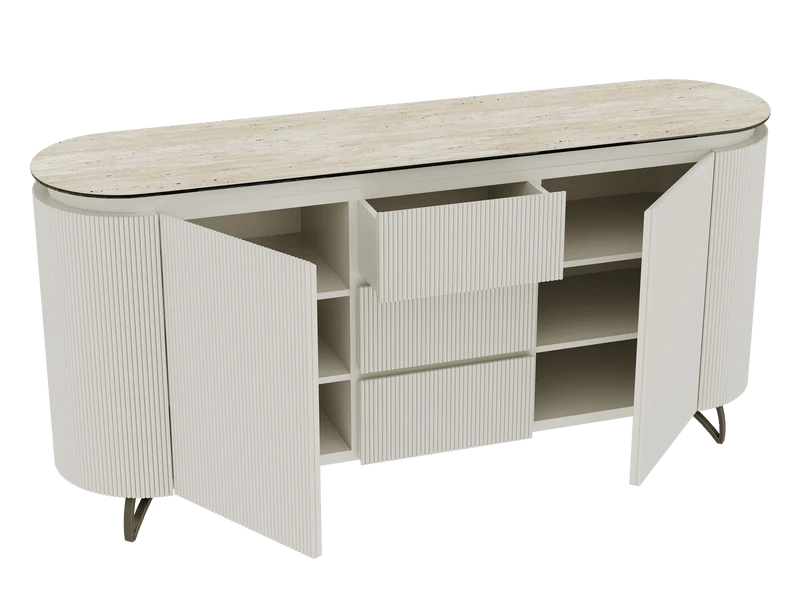 Sideboard Elfenbein-weiß Marmoroptik, Sideboard Travertin-weiß mit Schubladen Keramikplatte, ovale Anrichte weiß-Elfenbein Keramik, Breite 170 cm