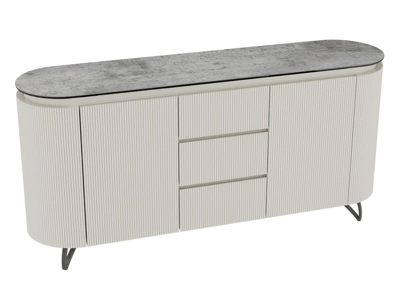 Sideboard Elfenbein-weiß Marmoroptik, Sideboard oval mit Schubladen Keramikplatte, ovale Anrichte weiß-Elfenbein Keramik, Breite 170 cm