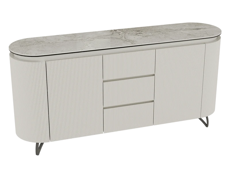 Sideboard Elfenbein-weiß Marmoroptik, Sideboard weiß mit Schubladen Keramikplatte, ovale Anrichte Keramik, Breite 170 cm