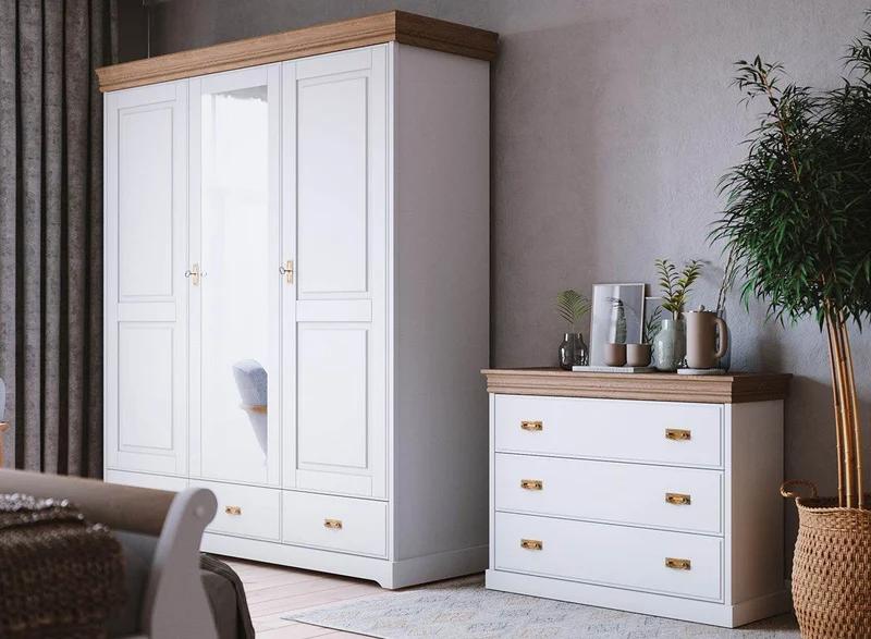 Landhaus Sideboard Toskania aus Massivholz in weiß gebeizt mit drei Schubladen