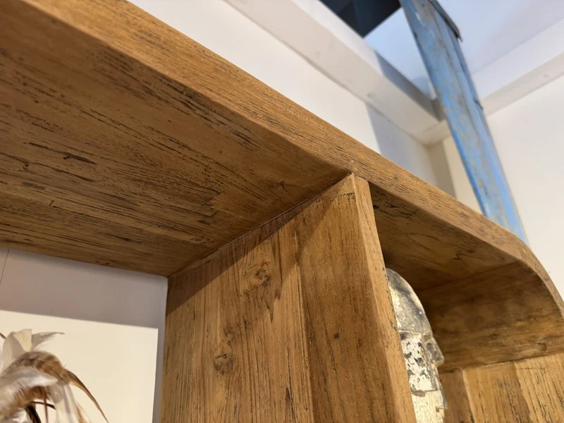 Bücherregal braun Holz, Regal abgerundete Ecken Teak-Holz, Breite 140 cm