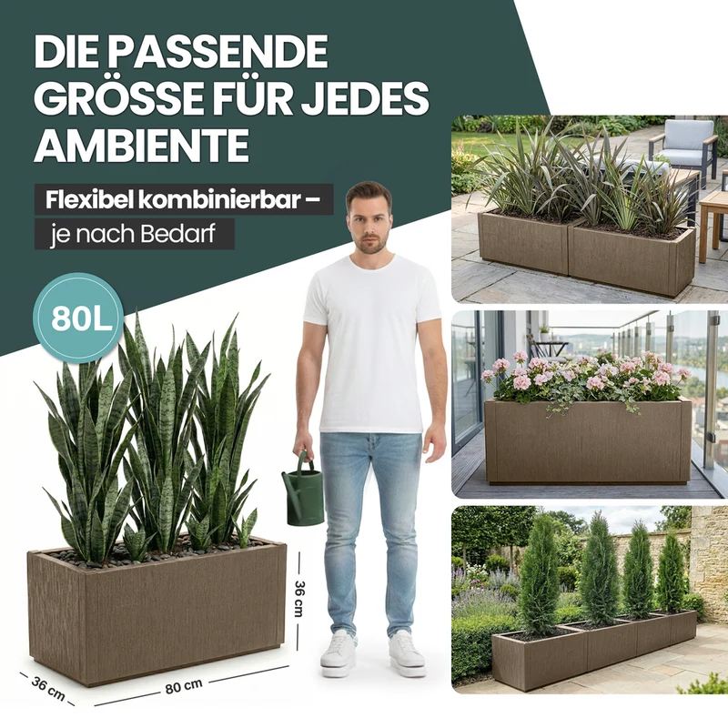 XXL Pflanzkasten "Ethica" in Struktur Optik breite Version in Taupé (Set wählbar)