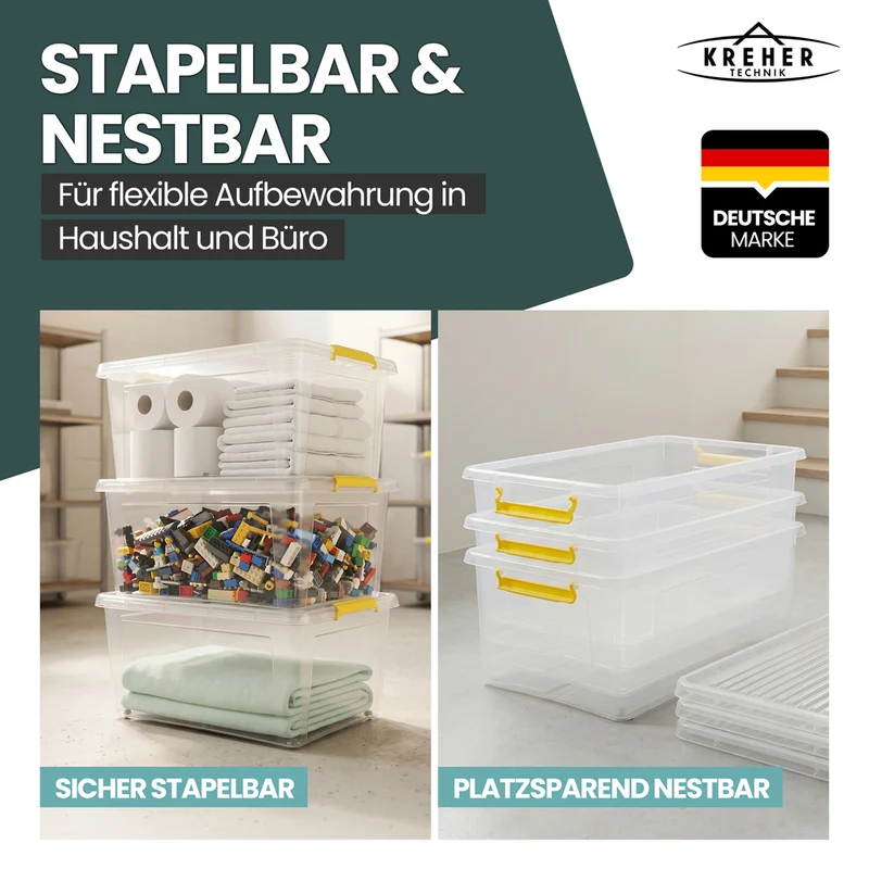Aufbewahrungsbox 'Simple Store' mit Deckel transparent - stapelbare Kunststoffbox mit Rollen & Clips - 60 Liter (Set wählbar)