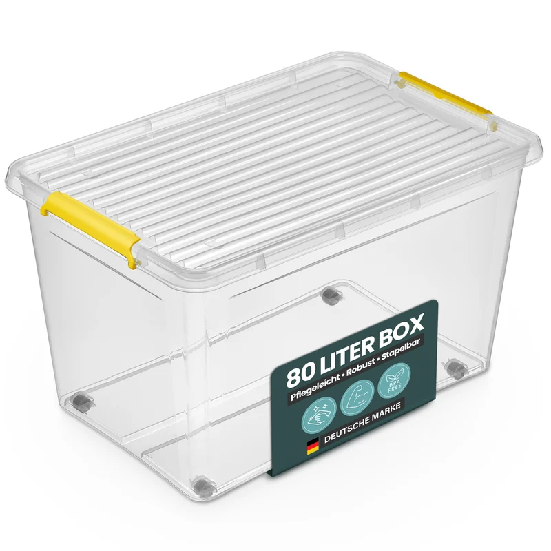 Aufbewahrungsbox 'Simple Store' mit Deckel transparent - stapelbare Kunststoffbox mit Rollen & Clips - 80 Liter (Set wählbar)