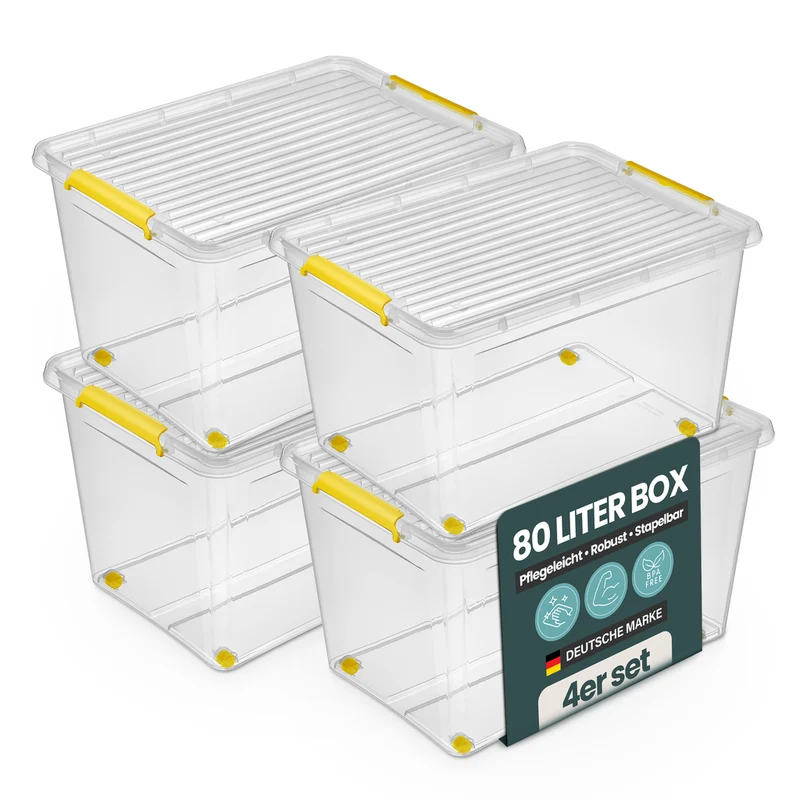 Aufbewahrungsbox 'Simple Store' mit Deckel transparent - stapelbare Kunststoffbox mit Rollen & Clips - 80 Liter (Set wählbar)