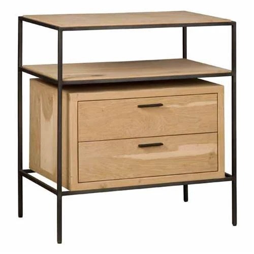 Nachttisch Naturholz-Metall, Nachtschrank mit Schublade Holz, Höhe 85 cm