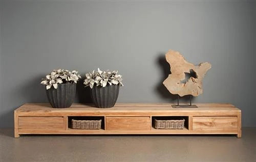 TV Schrank Teakholz Naturholzfarbe 300 cm, Fernsehschrank Massivholz mit Schublade Naturholz-braun, Länge 300 cm