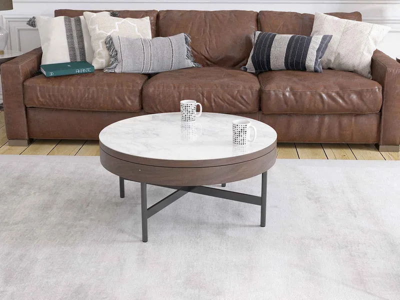 Couchtisch Walnuss-braun Keramik, runder Keramik Couchtisch weiß-braun, Durchmesser 85 cm