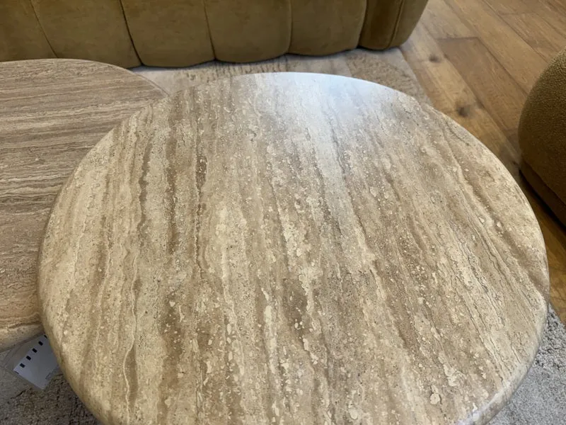 Couchtisch und Beistelltisch 2er Set Travertin-Stein, Beistelltisch Travertinstein rund braun, Maße 60-120 cm
