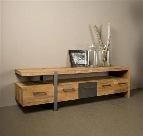 TV Schrank braun Holz Teak 100 cm, Fernsehschrank braun recyceltes Teakholz, Länge 190 cm