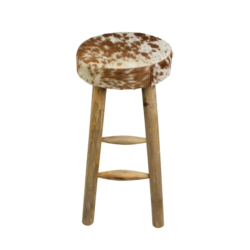 Barhocker Kuhfell braun, Barhocker rund Holz Kuhfell, Sitzhöhe 75 cm