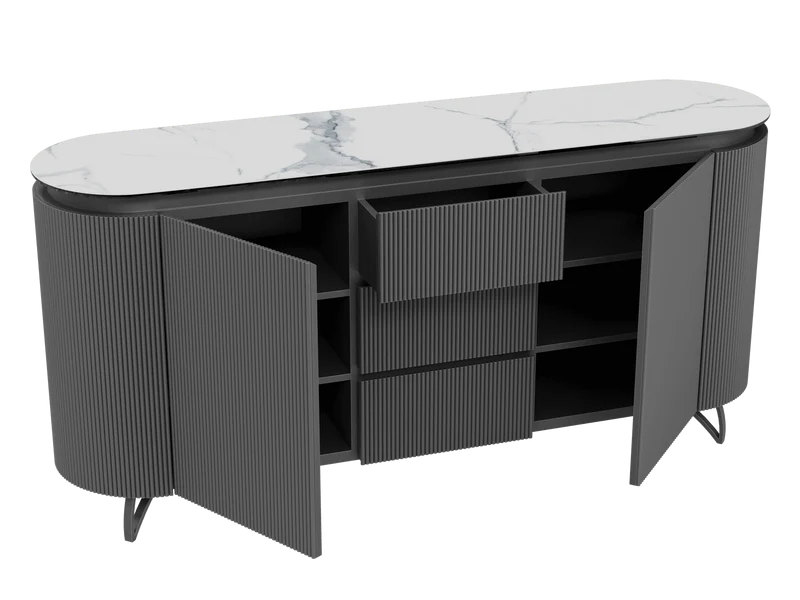 Sideboard weiß Marmoroptik, Sideboard mit Schubladen Keramik, ovale Anrichte Keramik, Breite 170 cm