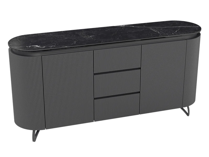 Sideboard anthrazit Marmoroptik, Sideboard mit Schubladen Keramik, ovale Anrichte Keramik, Breite 170 cm