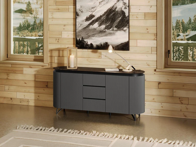 Sideboard anthrazit Marmoroptik, Sideboard mit Schubladen Keramik, ovale Anrichte Keramik, Breite 170 cm