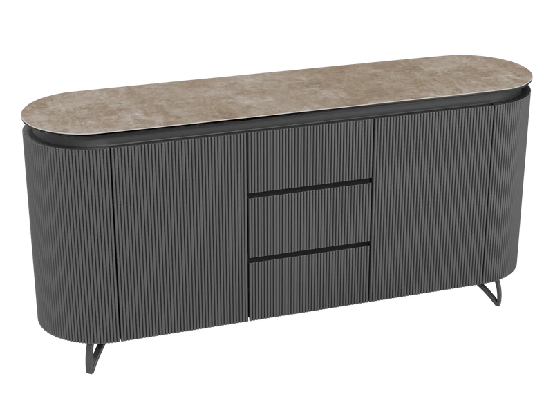 Sideboard taupe Marmoroptik, Sideboard mit Schubladen Keramik, ovale Anrichte Keramik, Breite 170 cm