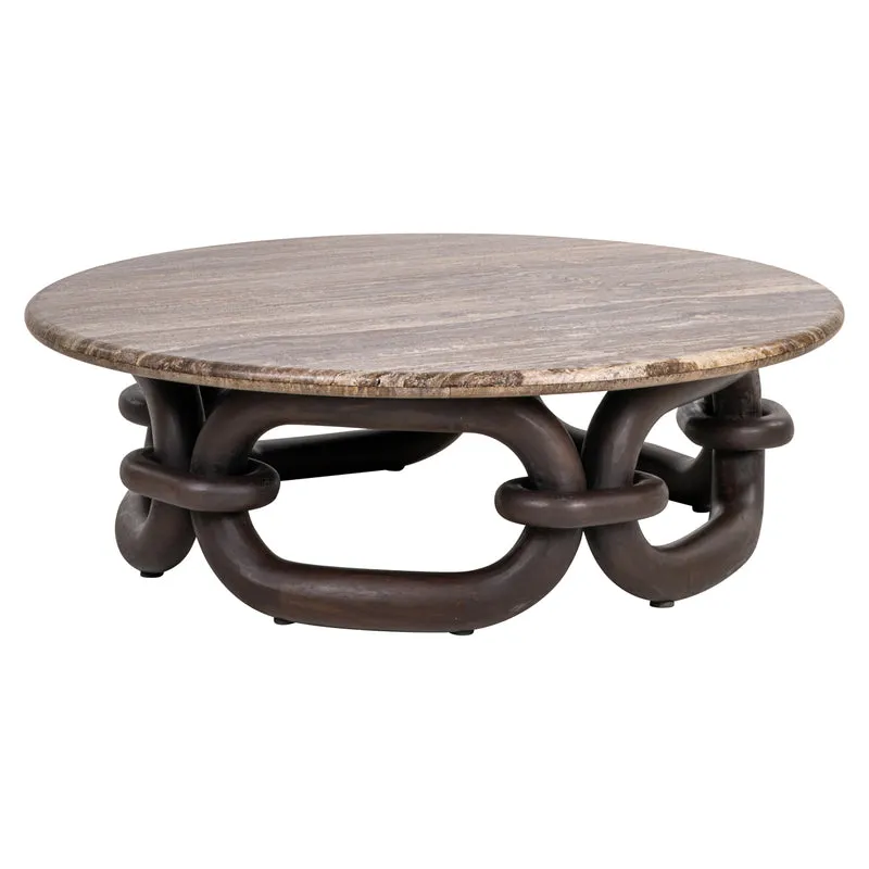 Couchtisch rund braun, runder Couchtisch braun Holz-Travertin, Durchmesser 110 cm