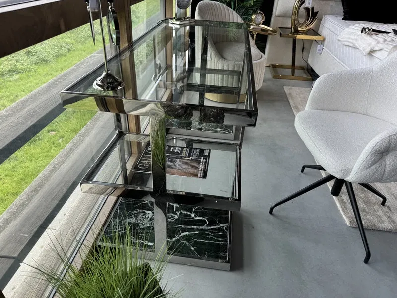 Schreibtisch Silber, Glas-Tisch Marmor grün, Länge 150 cm