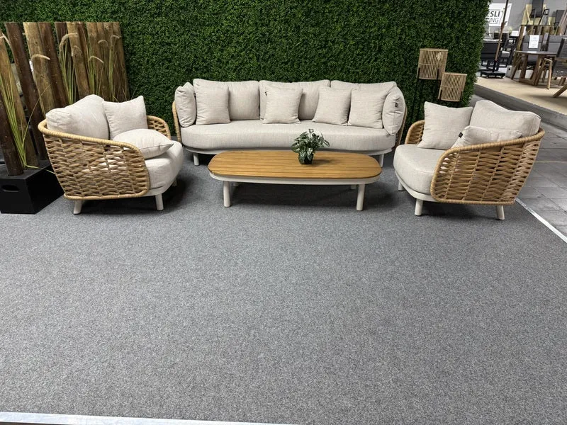 Garten-Loungeset beige-braun, 4er Set Gartentisch Teakholz mit Gartensofa beige, Gartensessel beige