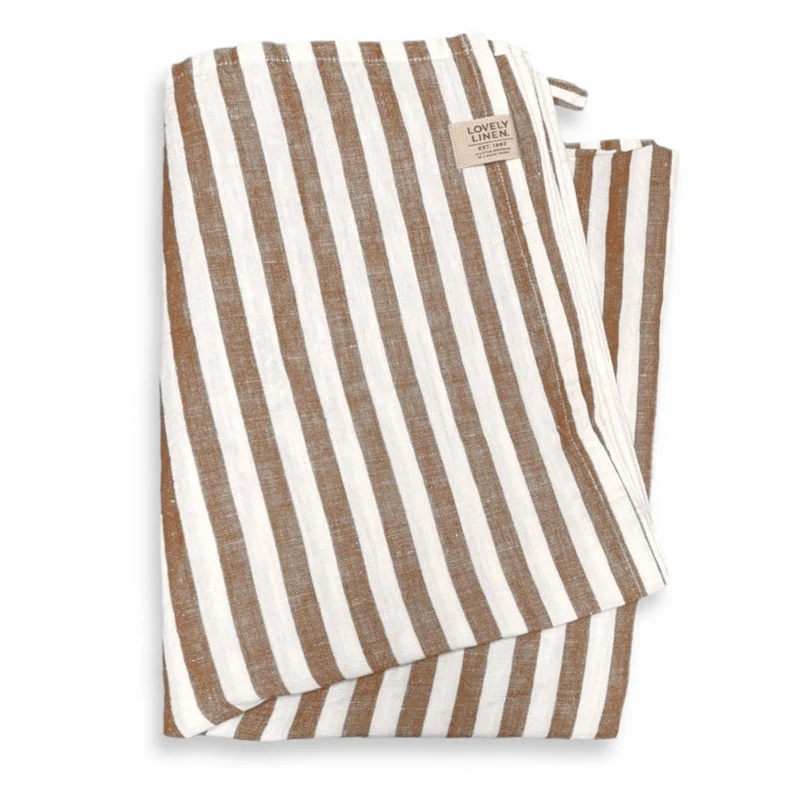 Gestreift Badetuch aus gewaschen Leinen - Hamam Almond