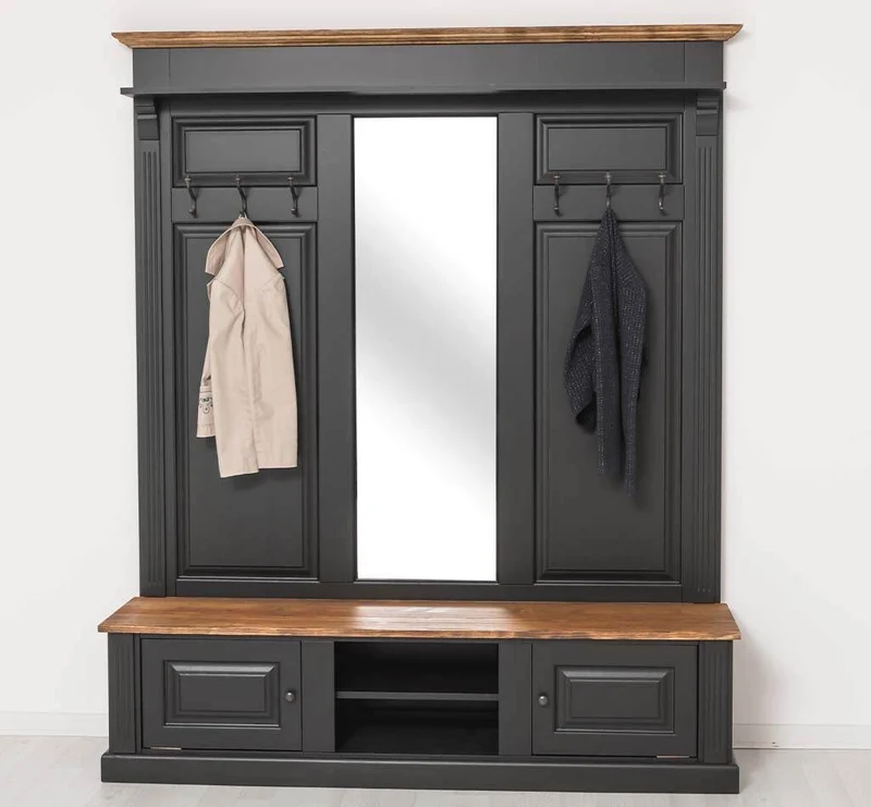Große Garderobe aus Massivholz mit Kleiderhaken, Spiegel, Hutablage und Bank- Holzkontrast