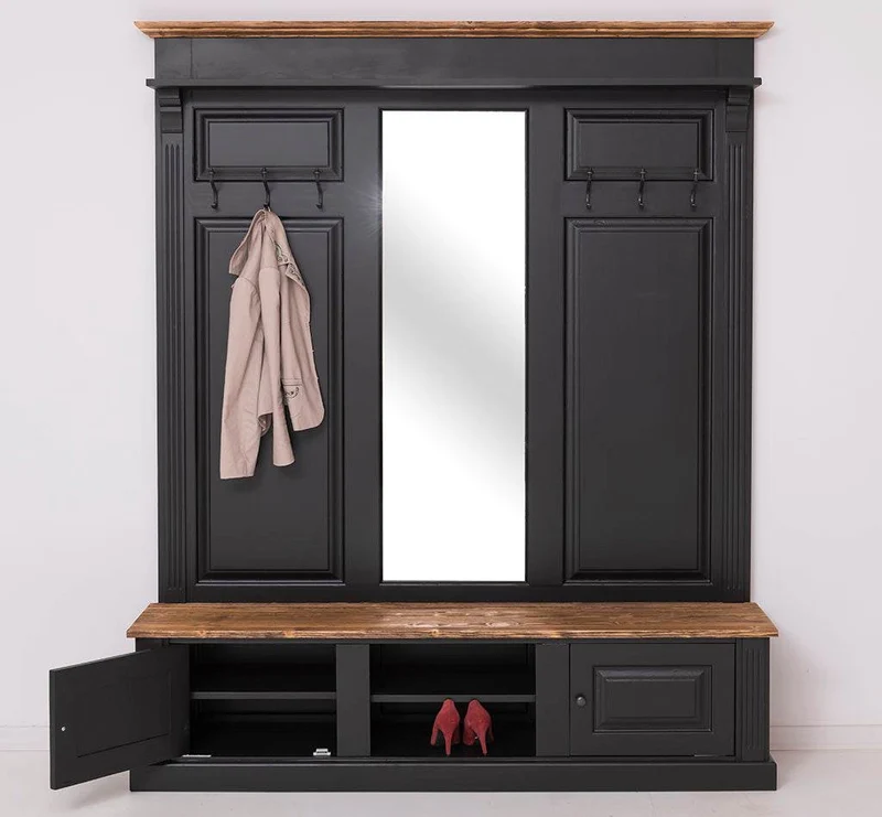 Große Garderobe aus Massivholz mit Kleiderhaken, Spiegel, Hutablage und Bank- Holzkontrast