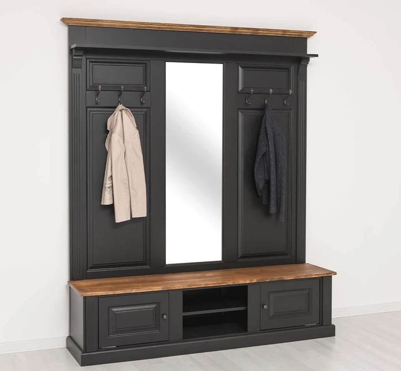 Große Garderobe aus Massivholz mit Kleiderhaken, Spiegel, Hutablage und Bank- Holzkontrast