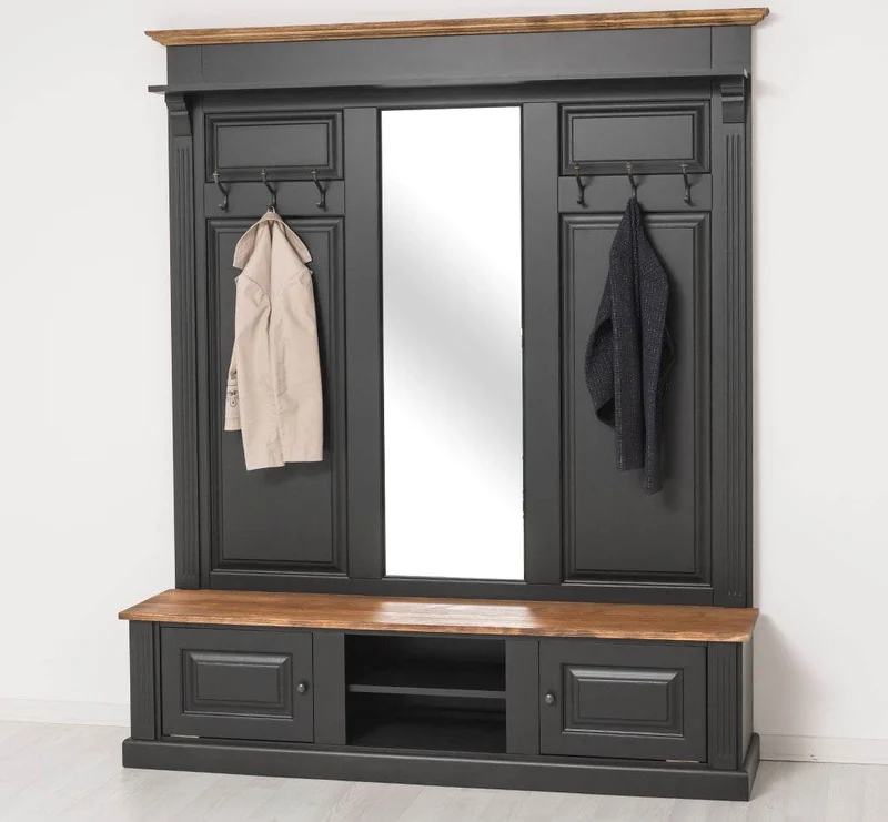 Große Garderobe aus Massivholz mit Kleiderhaken, Spiegel, Hutablage und Bank- Holzkontrast