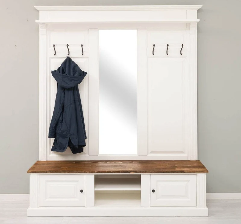 Große Garderobe aus Massivholz mit Kleiderhaken, Spiegel, Hutablage und Bank- Holzkontrast