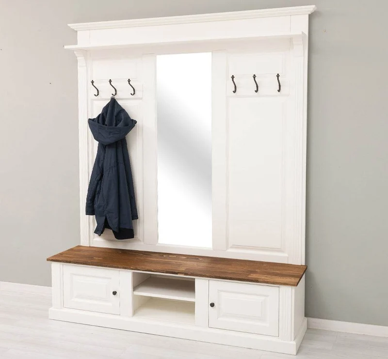 Große Garderobe aus Massivholz mit Kleiderhaken, Spiegel, Hutablage und Bank- Holzkontrast