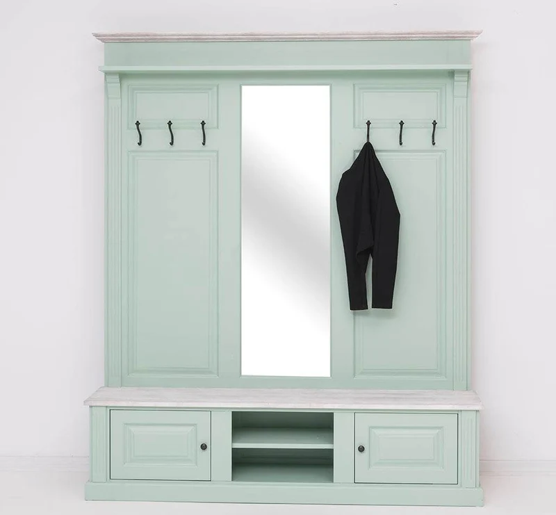 Große Garderobe aus Massivholz mit Kleiderhaken, Spiegel, Hutablage und Bank- Holzkontrast