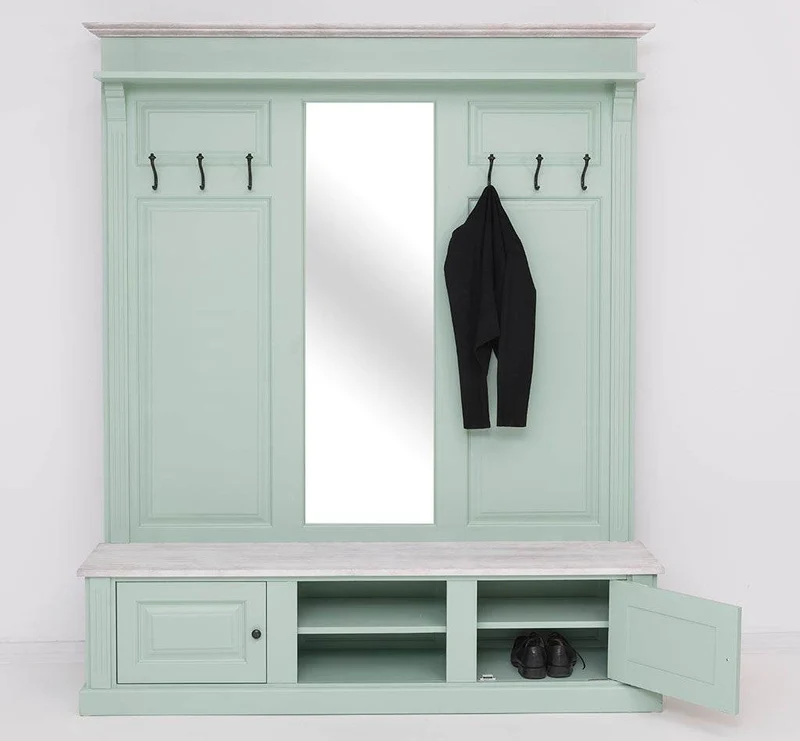 Große Garderobe aus Massivholz mit Kleiderhaken, Spiegel, Hutablage und Bank- Holzkontrast
