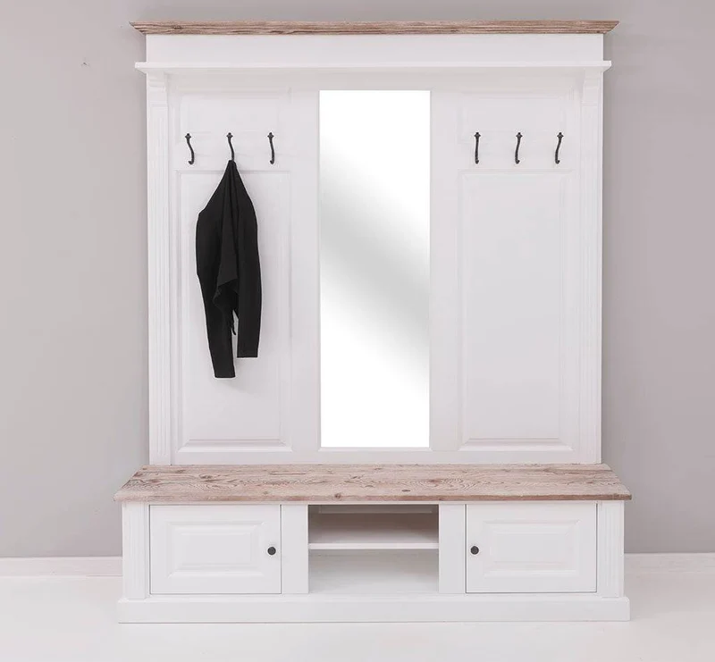 Große Garderobe aus Massivholz mit Kleiderhaken, Spiegel, Hutablage und Bank- Holzkontrast