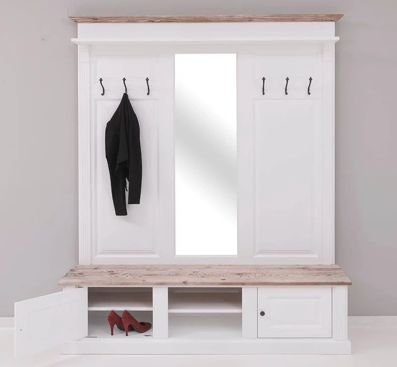 Große Garderobe aus Massivholz mit Kleiderhaken, Spiegel, Hutablage und Bank- Holzkontrast