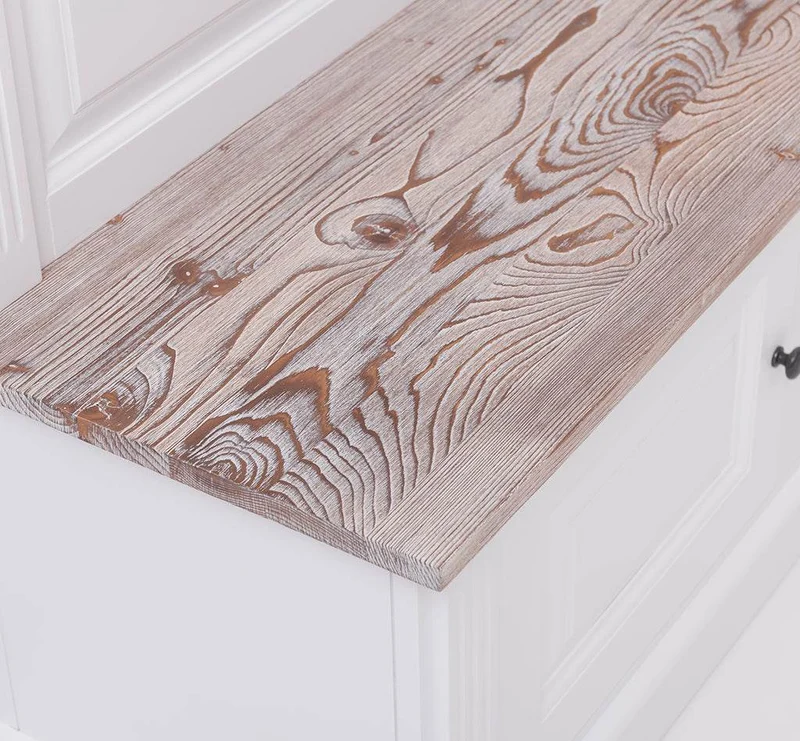 Große Garderobe aus Massivholz mit Kleiderhaken, Spiegel, Hutablage und Bank- Holzkontrast