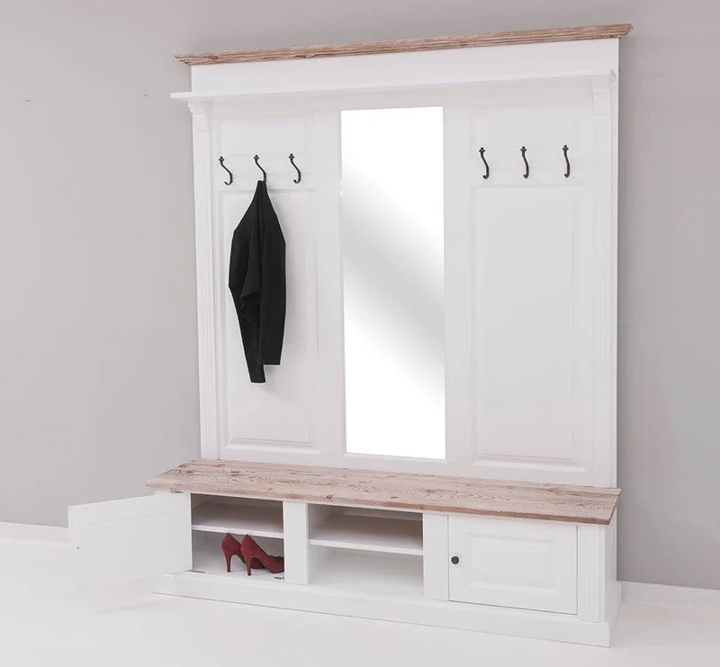 Große Garderobe aus Massivholz mit Kleiderhaken, Spiegel, Hutablage und Bank- Holzkontrast