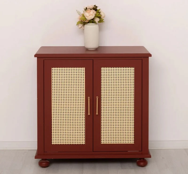 Kleine Kommode aus Massivholz | Rattan Schrank mit zwei Türen