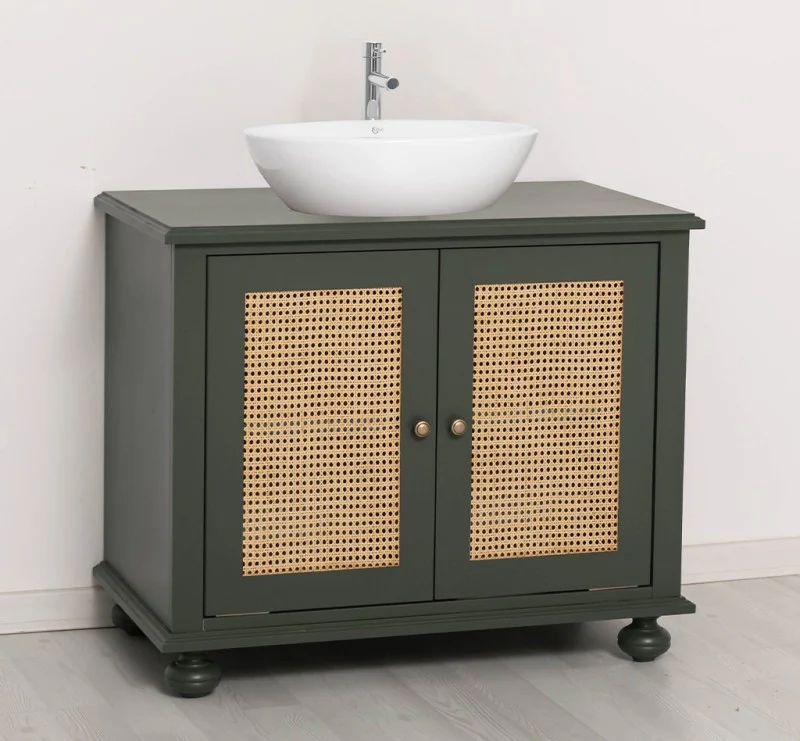 Kleiner Waschbeckenunterschrank aus Massivholz | Rattan Waschtisch für Aufsatzwaschbecken
