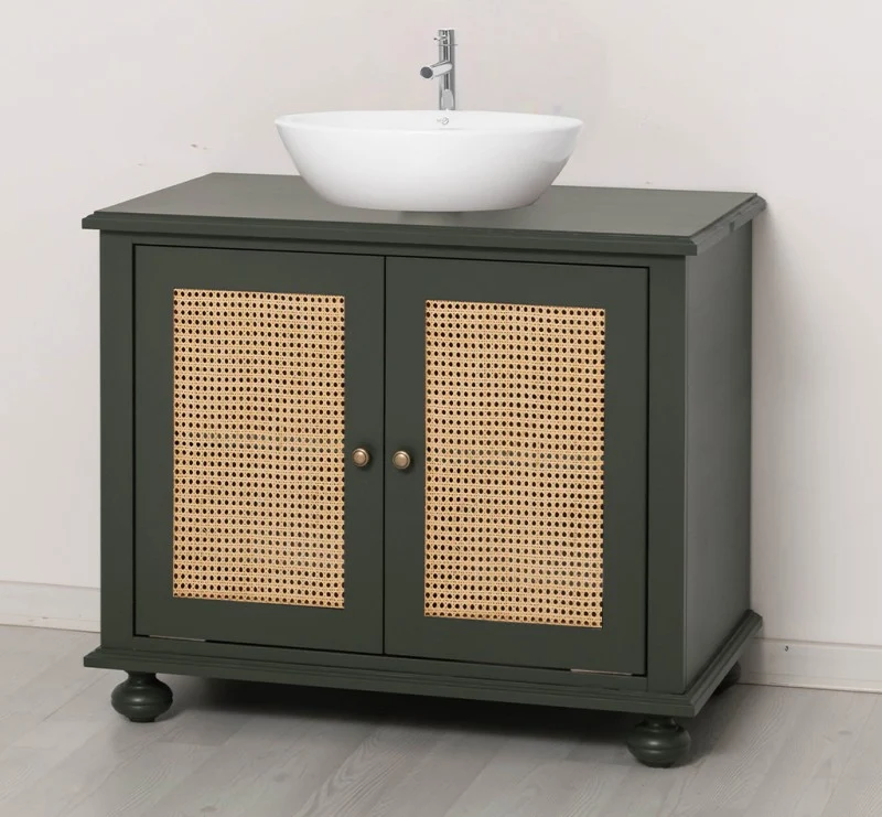 Kleiner Waschbeckenunterschrank aus Massivholz | Rattan Waschtisch für Aufsatzwaschbecken