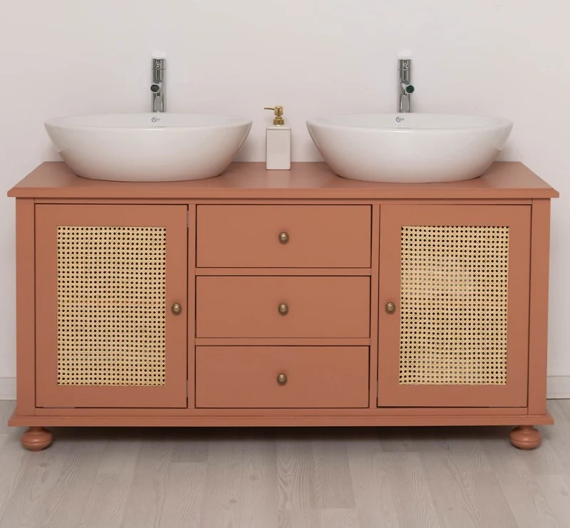 Großer Waschbeckenunterschrank aus Massivholz | Rattan Waschtisch für Aufsatzwaschbecken