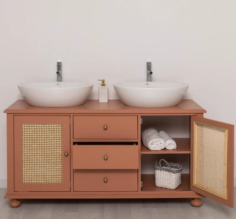 Großer Waschbeckenunterschrank aus Massivholz | Rattan Waschtisch für Aufsatzwaschbecken