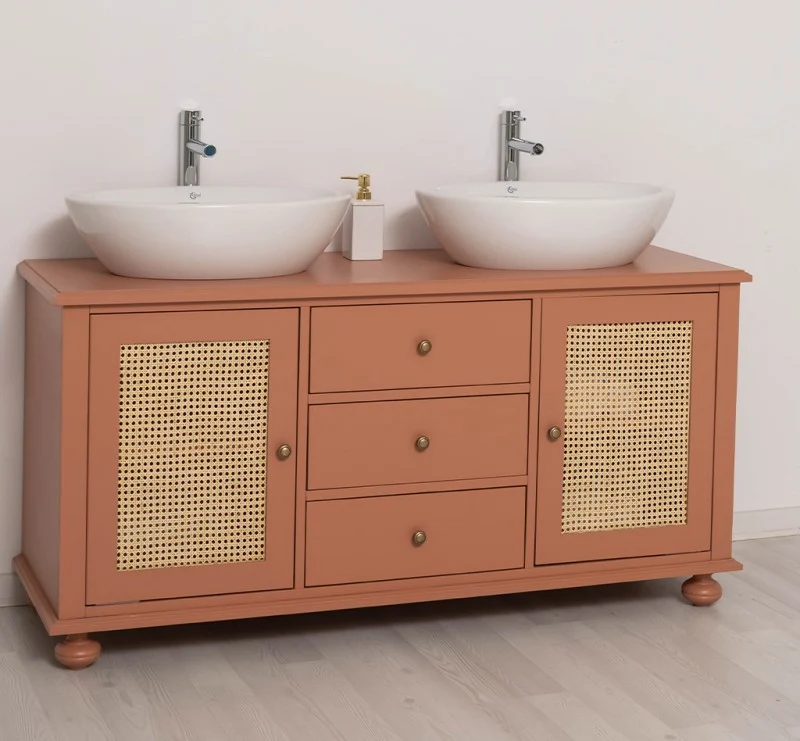 Großer Waschbeckenunterschrank aus Massivholz | Rattan Waschtisch für Aufsatzwaschbecken
