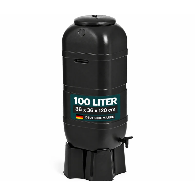 100 Liter Regentonne mit Standfuß, Füllautomat und Wasserhahn (Schwarz)
