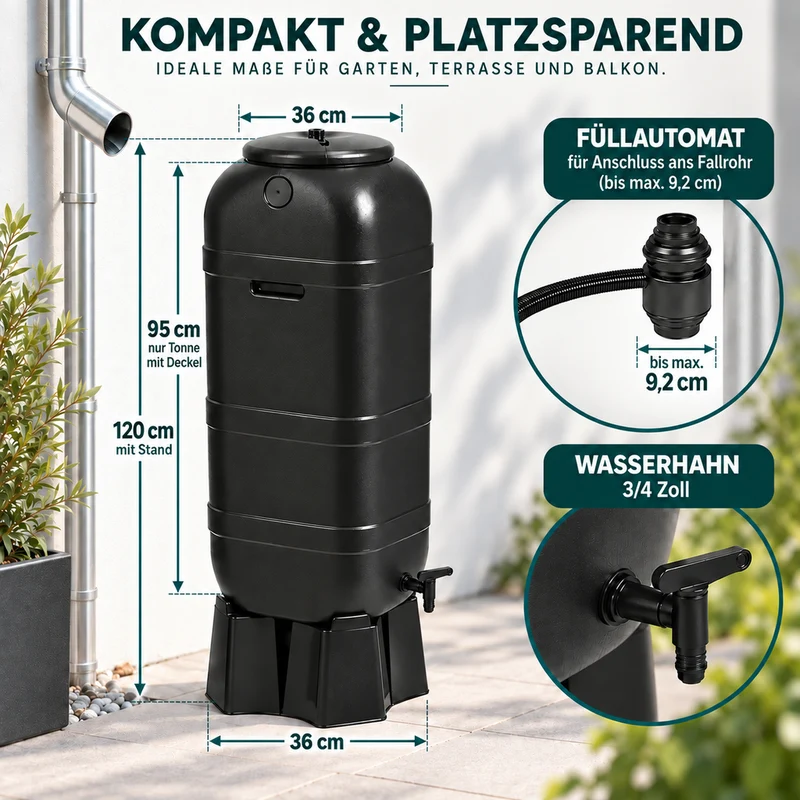 100 Liter Regentonne mit Standfuß, Füllautomat und Wasserhahn (Schwarz)
