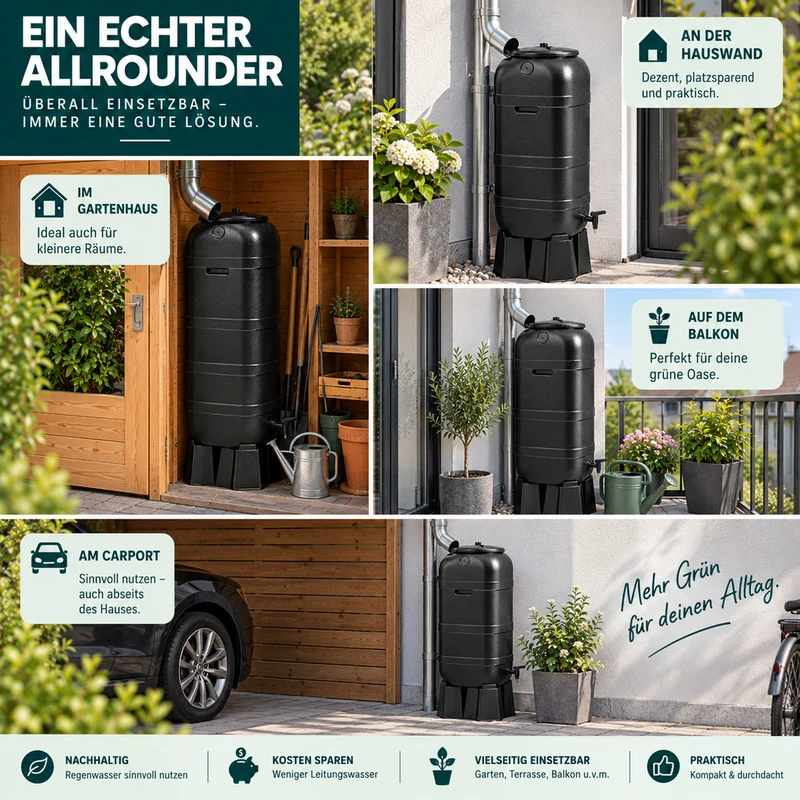 100 Liter Regentonne mit Standfuß, Füllautomat und Wasserhahn (Schwarz)